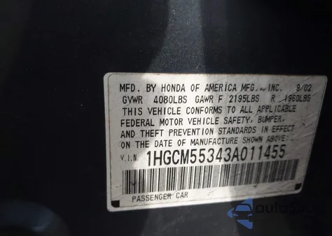 2003 Honda Accord 2.4 Lx z USA, uszkodzony, nr VIN 1HGCM55343A011455